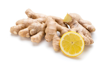 Ginger bio and lemon on white background.