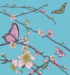 Naklejki  Wiśniowe kwiaty i motyle drzewa brzoskwini