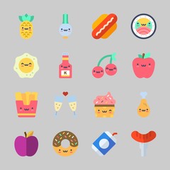 Icons about Food with cherry, sushi, fried egg, ketchup, donut and soda
