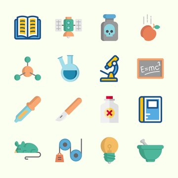 Icons about Science with mortar, scalpel, pipiette, physics, mouse and microscope