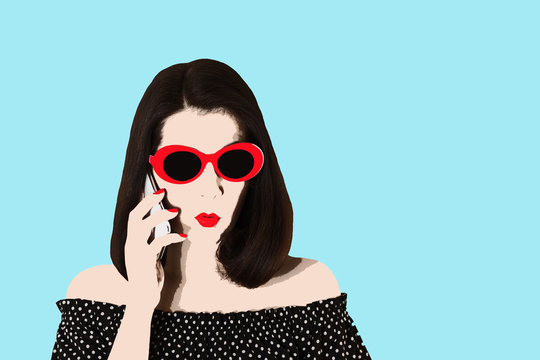 Photo in the style of pop art. Woman in a black and white dress with polka dots and sunglasses, pin up style,  talking on a smartphone.