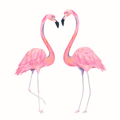 Fototapeta premium Walentynki flamingi. Ilustracja na białym tle wektor. Para ptaków. Styl akwareli