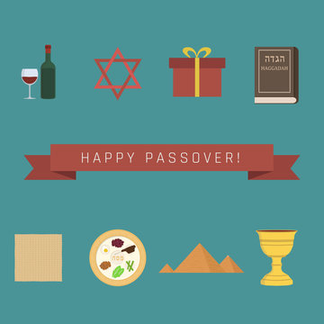 Passover holiday flat design icons set with text in english