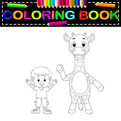 cute boy and giraffe coloring book