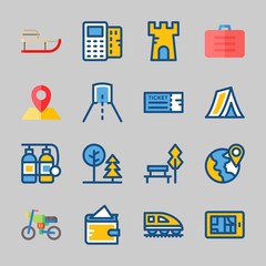 Icons about Travel with tunnel, motorbike, plane, ticket, tent and sleigh