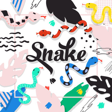 Cute Snakes Design. Childish Background with Abstract Elements. Baby Freehand Composition for Covers, Decor. Vector illustration