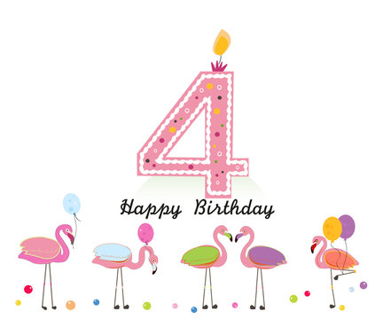 Four candle. Happy fourth birthday candle letter. Exotic birds. Set of different poses flamingos. Colorful flamingo