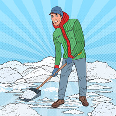 Pop Art Man Clearing Snow with Shovel. Winter Snowfall. Vector illustration