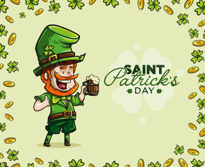 St. Patrick's Day card with cheerful and funny character holding a small barrel of beer, with shafts and coins around him.