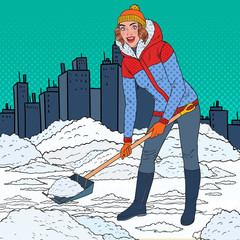 Pop Art Pretty Woman Clearing Snow with Shovel. Winter Snowfall in the City. Vector illustration