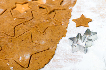 Preparing Christmas gingerbread cookies. Gingerbread dough and star shape cookies ingredients.