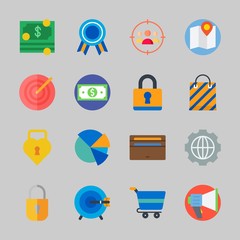 Icons about Commerce with money, wallet, settings, target, shopping bag and pie chart