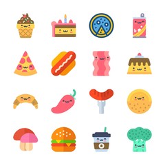 icon Food with hamburger, pizza, ice cream, chili pepper and bacon