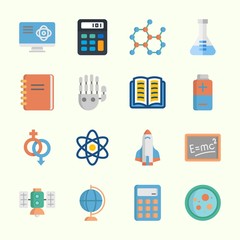 Icons about Science with chemical, flask, rocket ship, physics, gender and notebook