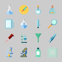 Icons about Laboratory with microscope, thermometer, lab, laboratory, surgery and jar