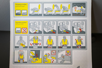 Emergency Landing and Evacuation on Water sign on safety instructions card in airplane