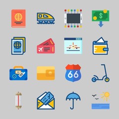 Icons about Travel with route, sun, smartphone, scooter, plane and money