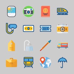 Icons about Travel with snorkel, umbrella, location, thermometer, van and worldwide