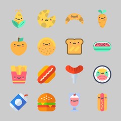Icons about Food with hamburger, fries, peach, sushi, croissant and milkshake