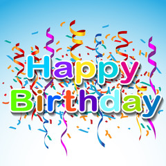 Greeting card with a happy birthday with confetti on a blue background.