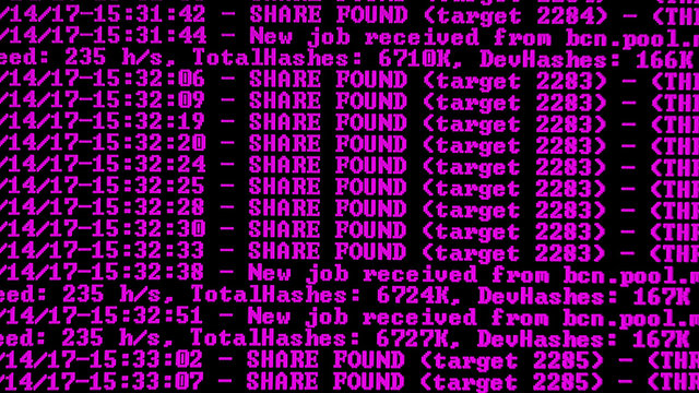 Mining Cryptocurrency process program on display PC. Using Software. Share Found.