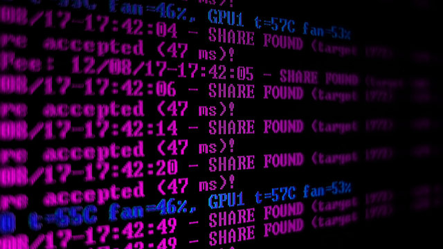 Mining Cryptocurrency process program on display PC. Using Software. Share Found.