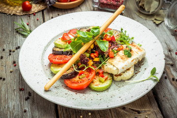 grilled vegetables, grilled suluguni cheese