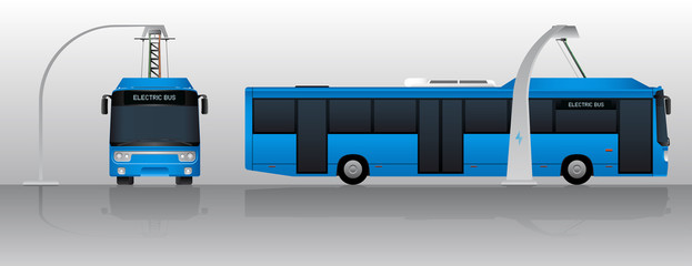 Blue electric bus with pantograph is charging on a charging station. Vector illustration EPS 10