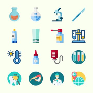 Icons about Medical with worldwide, drob counter, cream, surgeon, eye drob and thermometer