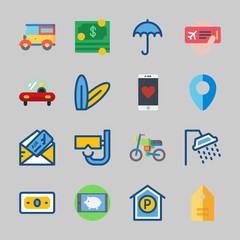 Icons about Travel with tag, surfboard, smartphone, plane ticket, parking and umbrella