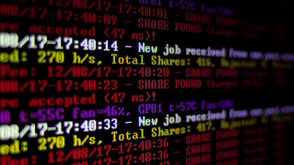 Mining Cryptocurrency process program on display PC. Using Software. Share Found.