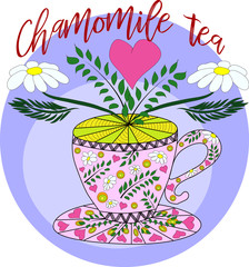 Cup of hot camomile tea and stem with leaves and flowers. Chamomile stem with leaves and flowers. Vector illustration cartoon flat icon isolated on white.
