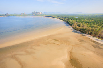 Aerial view of sandy beach and mangrove forest.