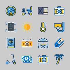 Icons about Travel with money, palm, passport, tag, sun and snorkel