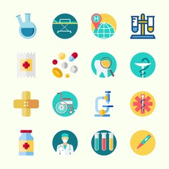 Icons about Medical with band aid, test tubes, medicine, microscope, worldwide and pharmacy