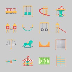 Icons about Amusement Park with swing , horse carousel, soccer field, child train, climb  and carousel