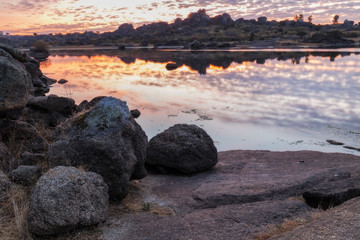 Sunrise in the Natural Area of Barruecos.  Extremadura. Spain.