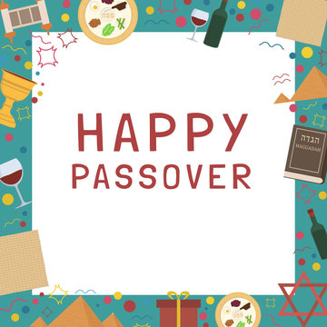 Frame with Passover holiday flat design icons with text in english
