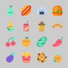 Icons about Food with peach, eggplant, hot dog, corn, onigiri and cookie