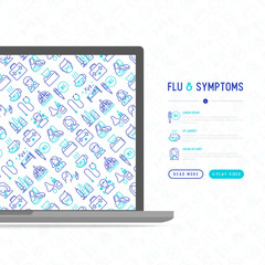 Flu and symptoms concept with thin line icons: temperature, chills, heat, runny nose, doctor with stethoscope, nasal drops, cough, phlegm in the lungs. Modern vector illustration.