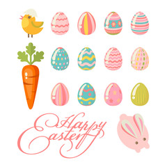 Happy Easter modern greeting card in pastel colors with colorful eggs, spring flowers and holidays objects.