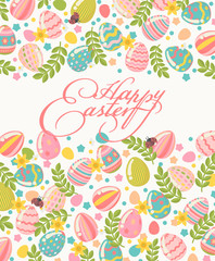 Happy Easter modern greeting card in pastel colors with colorful eggs, spring flowers and holidays objects.
