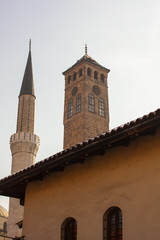 View of minaret and clock tower, Sarajevo