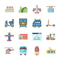 icon Transportation with airplane, van, road, motorbike and cable car