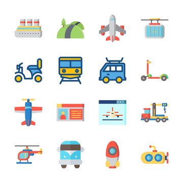 icon Transportation with airplane, van, road, motorbike and cable car