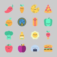 Icons about Food with pizza, mustard, radish, hot dog, chili pepper and hamburger