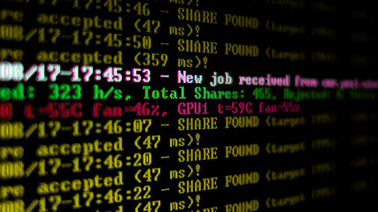 Mining Cryptocurrency process program on display PC. Using Software. Share Found.