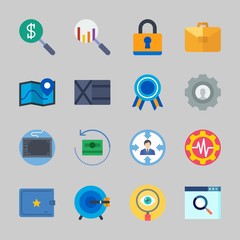 Icons about Commerce with search, quality, money, suitcase, padlock and settings