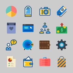 Icons about Commerce with money, settings, pie chart, shopping bag, networking and suitcase
