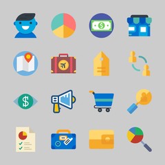 Icons about Commerce with tag, money, pie chart, vision, shopping chart and megaphone